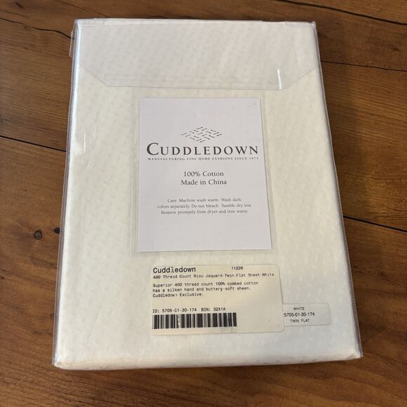 CUDDLEDOWN 400 Thread Count Flat Sheet, Twin, White Riso Jacquard Combed Cotton - Picture 2 of 6